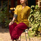 Mustard Cotton Silk Top With Pleated Yoke And Contrasting Ikat Detailing On Sleeves And Collar