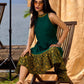 Classic Emerald Flared Rayon Dress With Ajrakh Highlights