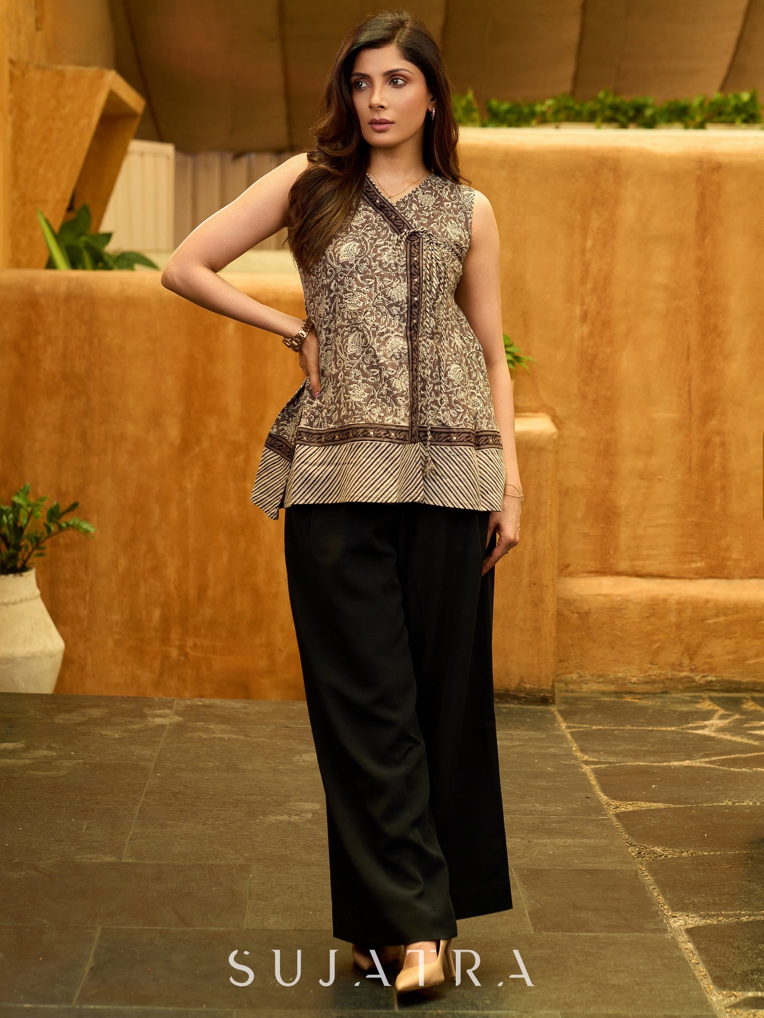 Grey Bloom Mul Cotton Sleeveless Wrap Top with Golden Accents and A-line Flare