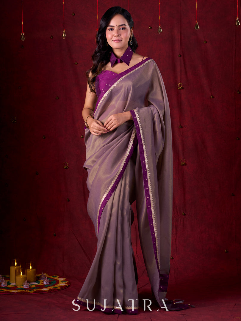 Lustrous Grey Silk Blend Saree with Chanderi Purple Border & Bold Statement Pallu