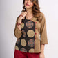 Beige Cotton Wrap Style Top with Black Printed Panel and Red Button Detail