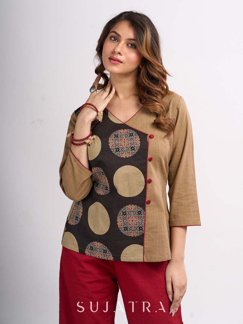 Beige Cotton Wrap Style Top with Black Printed Panel and Red Button Detail