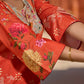 Elegant orange floral printed kurta with hand-embroidered sequin and cut dana detailing on the yoke and rich maroon accents.