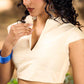 Soft Ivory Cotton Silk Collared Cap-Sleeve Blouse