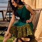 Classic Emerald Flared Rayon Dress With Ajrakh Highlights