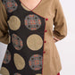 Beige Cotton Wrap Style Top with Black Printed Panel and Red Button Detail