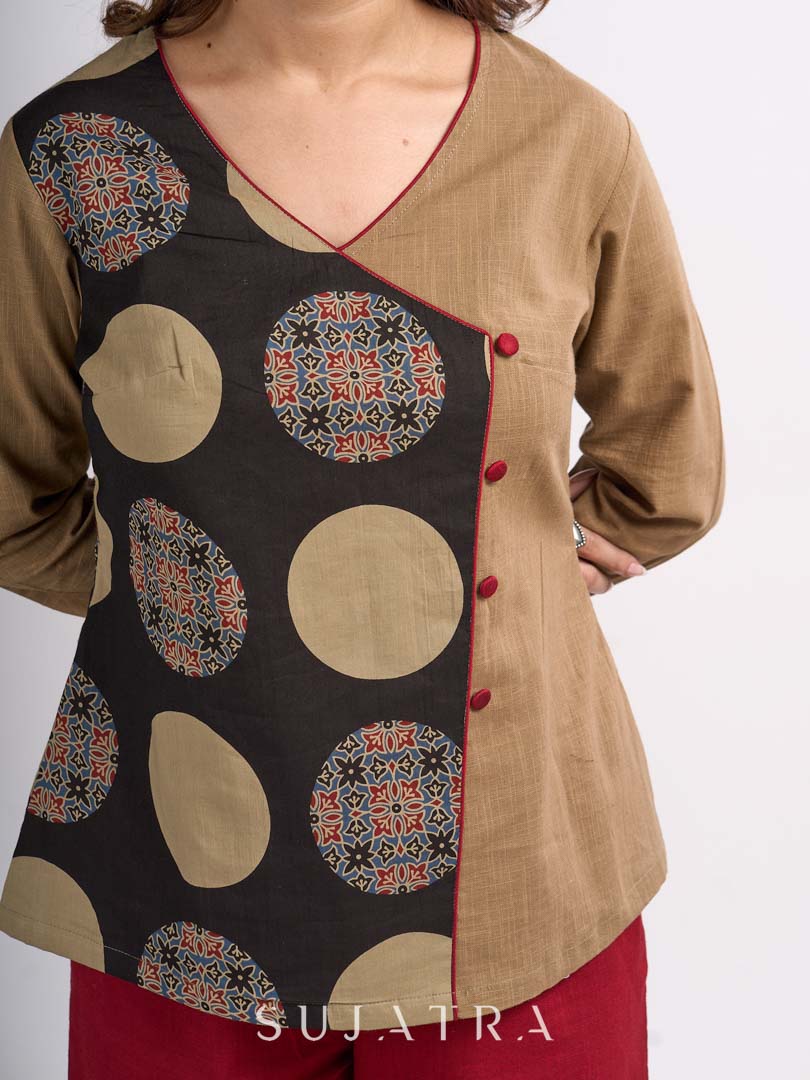 Beige Cotton Wrap Style Top with Black Printed Panel and Red Button Detail