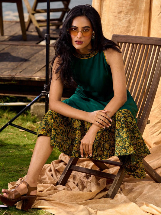 Classic Emerald Flared Rayon Dress With Ajrakh Highlights