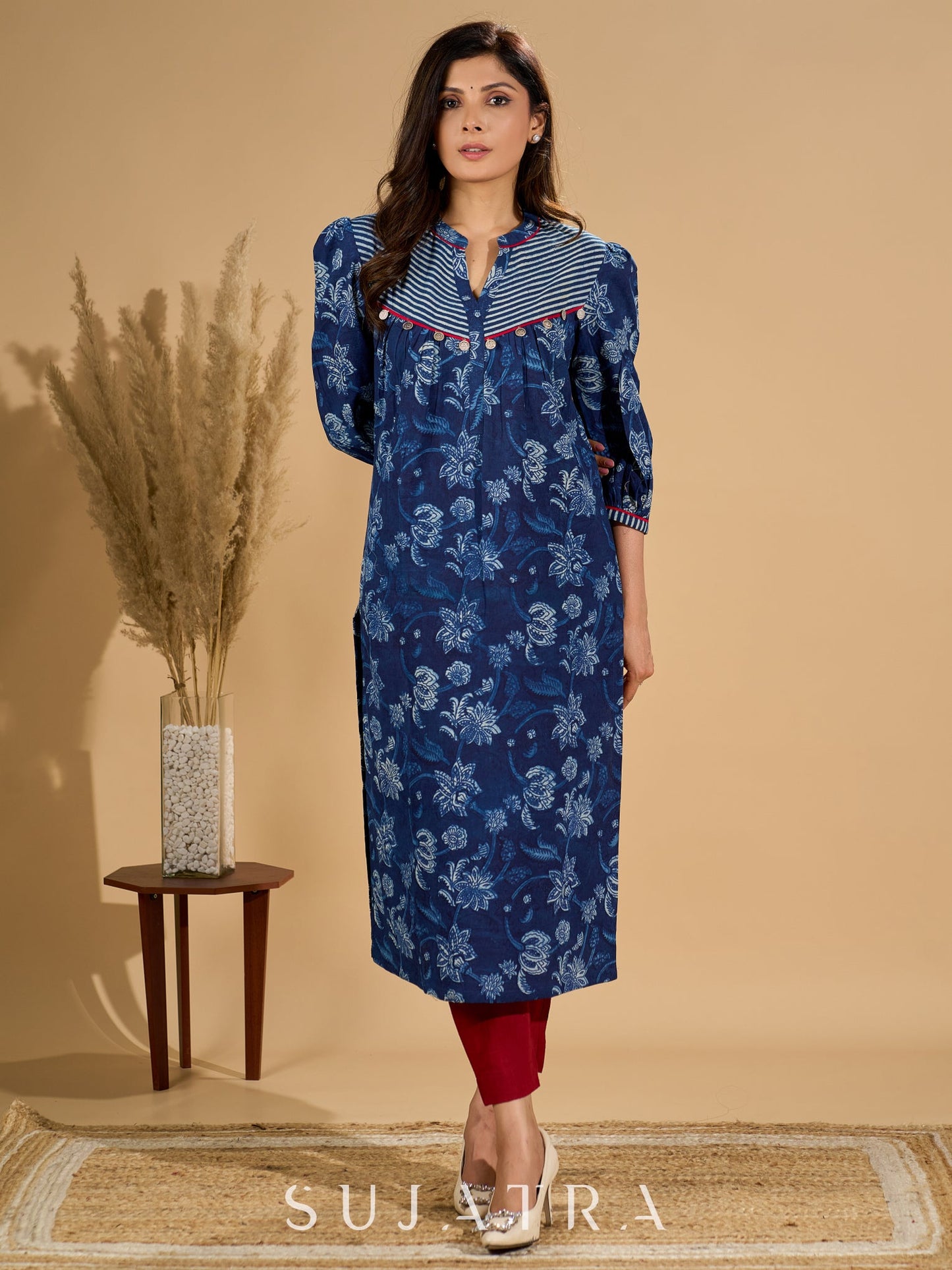 Midnight Maze Indigo Kurta with Contrast Detailing and Delicate Embellishments