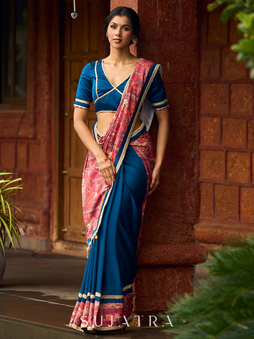 Elegant Navy Blue & Rust Half-and-Half Georgette Saree with Gotapatti Hand Embroidered Pallu