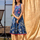 Navy Blue Indigo Cotton Dress With Pink Floral Embroidered Highlights