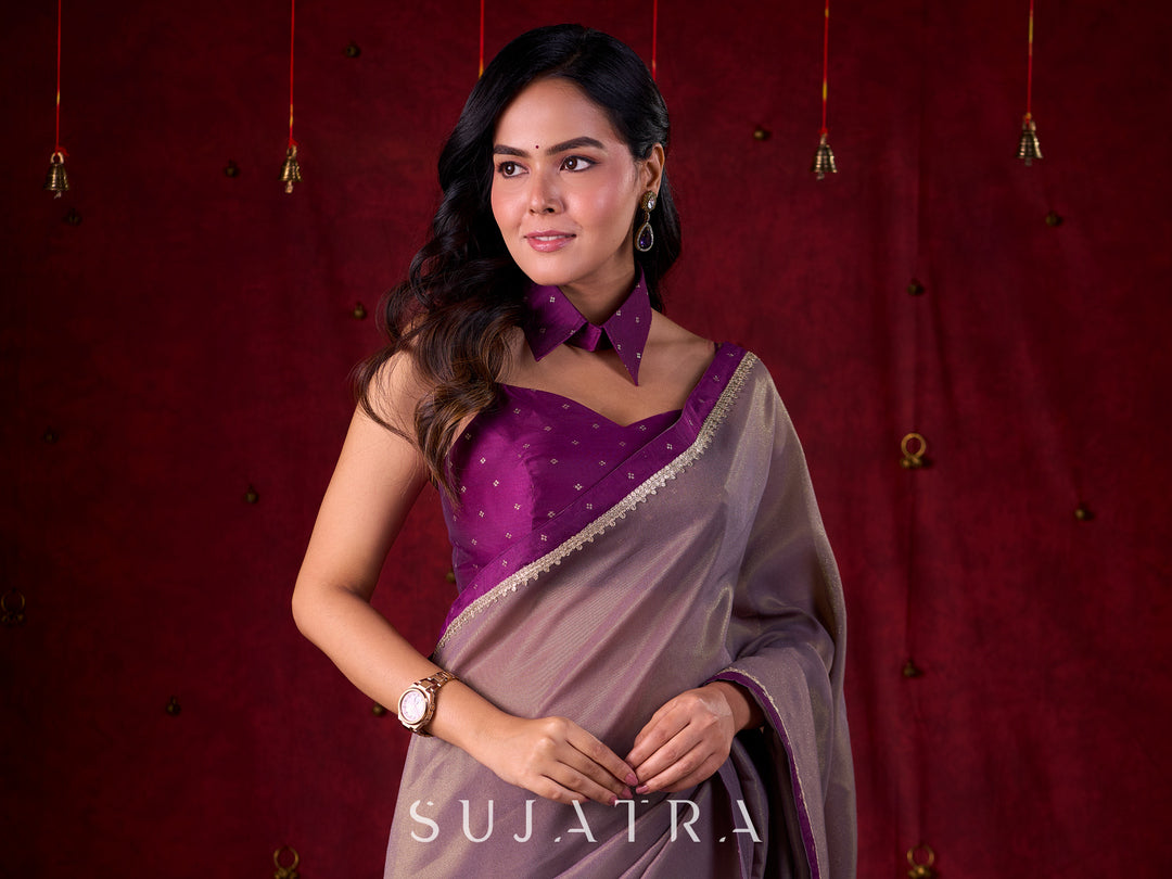 Lustrous Grey Silk Blend Saree with Chanderi Purple Border & Bold Statement Pallu