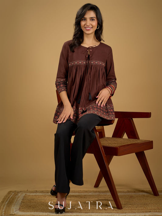 Beautiful  brown cotton ajrakh combination top
