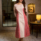 Retro White & Red Hand Block Printed Cotton Dress with Mixed Stripe & Dot Panels & Flounce Hem
