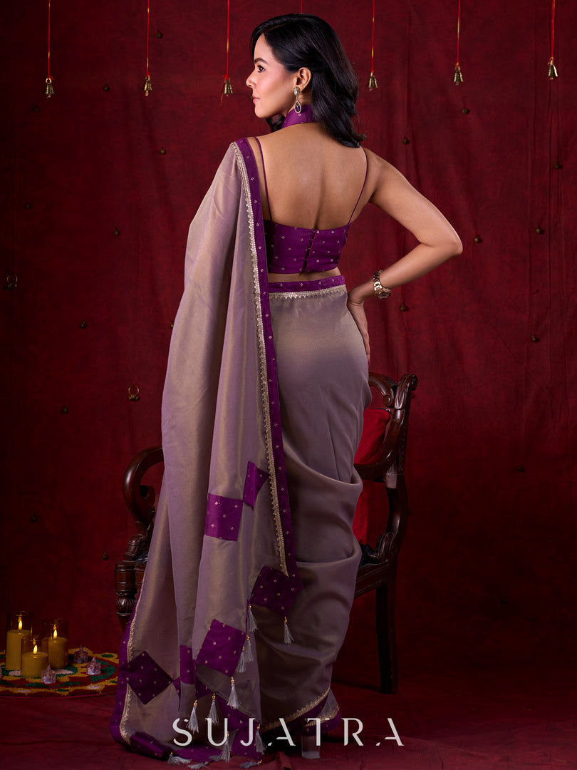 Lustrous Grey Silk Blend Saree with Chanderi Purple Border & Bold Statement Pallu