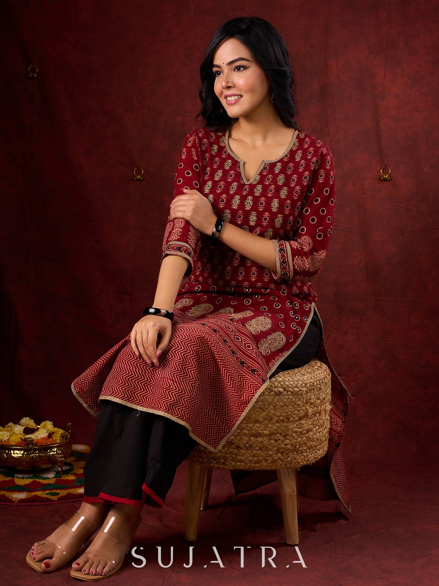 Classic Maroon Ajrakh Cotton Kurta with Minimalist Embroidery