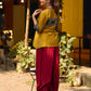 Mustard Cotton Silk Top With Pleated Yoke And Contrasting Ikat Detailing On Sleeves And Collar