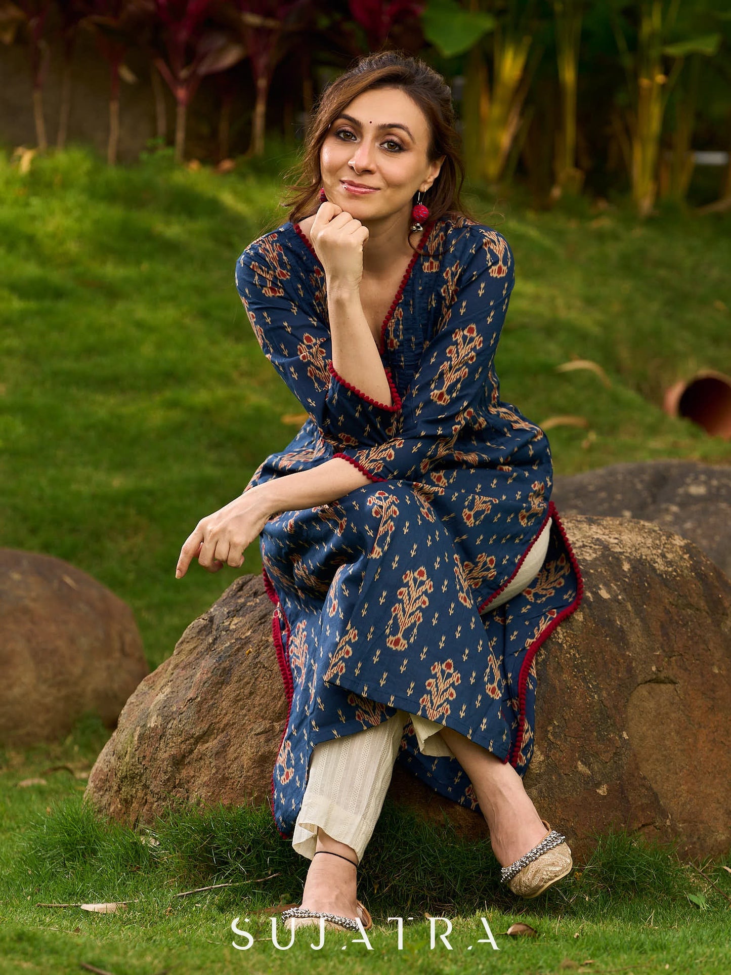 Contemporary Blue Ajrakh Print Kurta with Pleated Pintuck Detailing and Maroon Accents