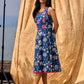 Navy Blue Indigo Cotton Dress With Pink Floral Embroidered Highlights