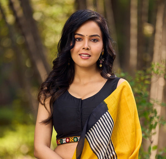 Black Cotton Silk Blouse with Kutch Work Mirror Work Lace Embellishment