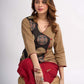 Beige Cotton Wrap Style Top with Black Printed Panel and Red Button Detail