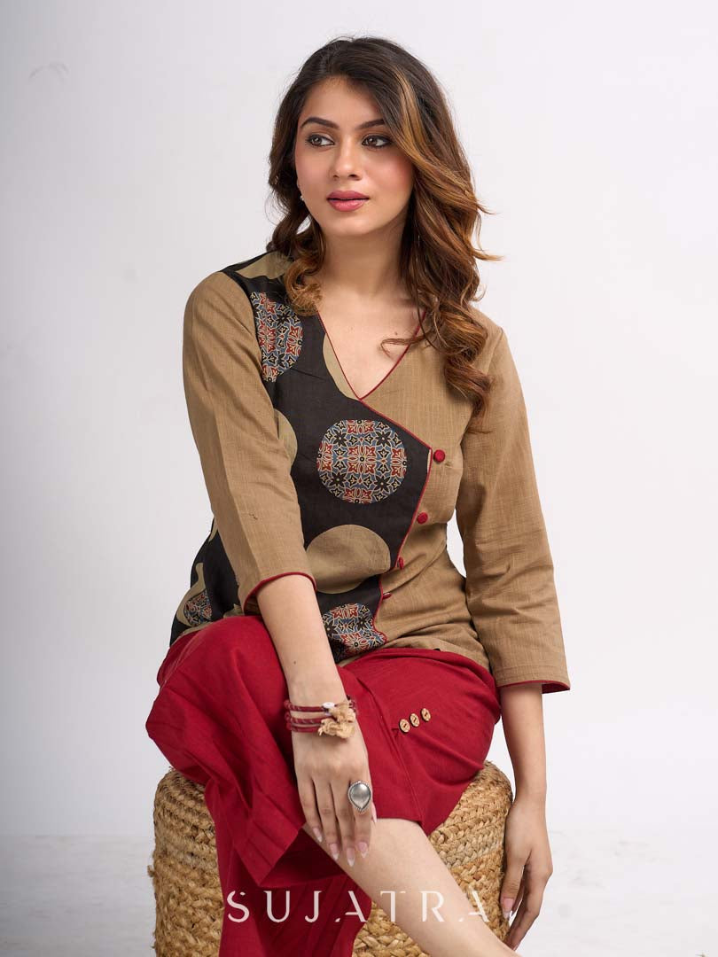 Beige Cotton Wrap Style Top with Black Printed Panel and Red Button Detail