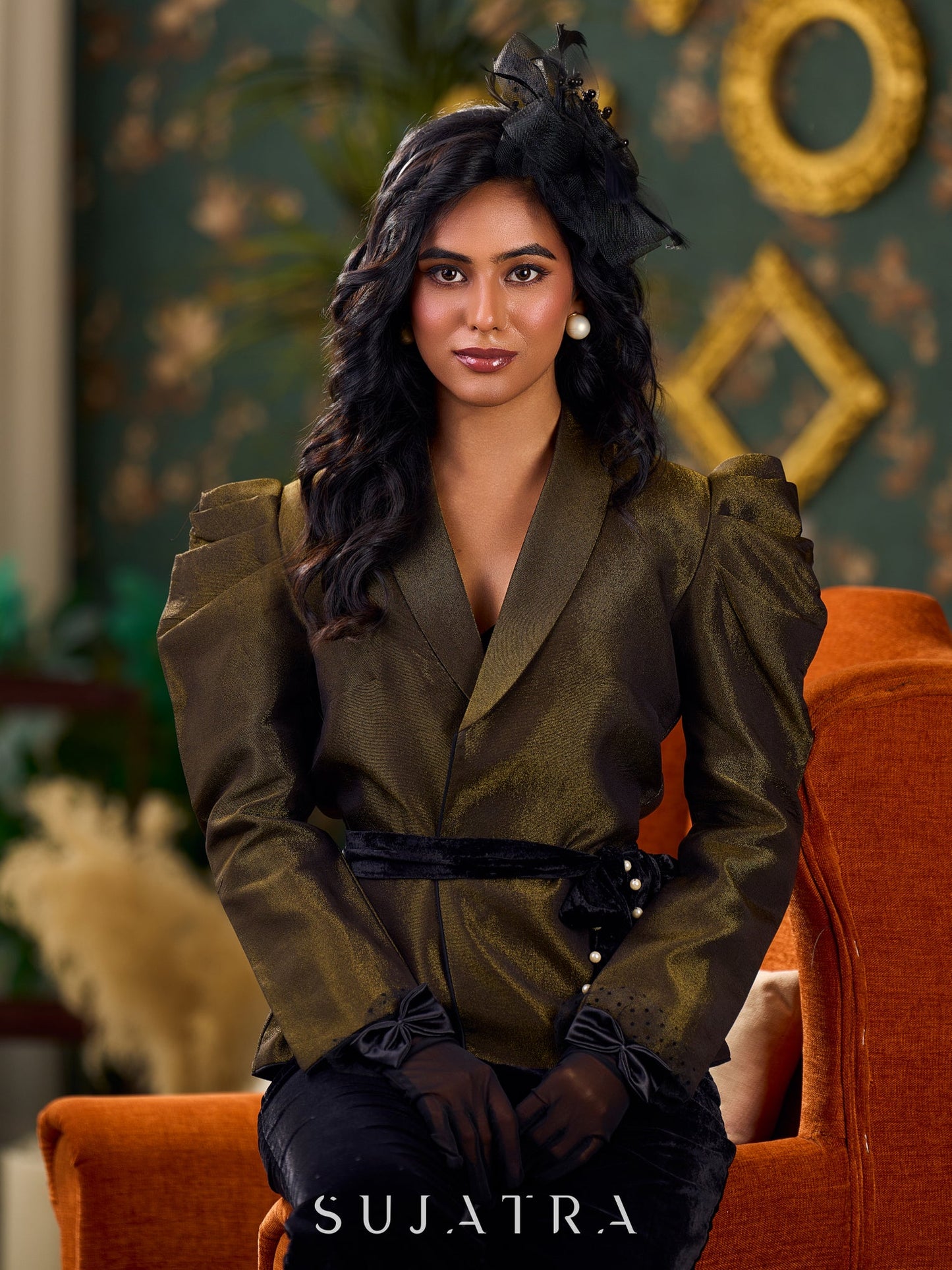 Classic Black Shimmer Tissue Jacket With Voluminous Sleeves And Embellished Velvet Belt