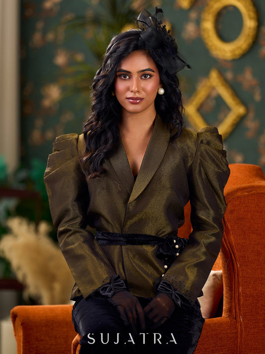 Classic Black Shimmer Tissue Jacket With Voluminous Sleeves And Embellished Velvet Belt