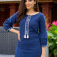 Navy blue cotton kurta featuring soft, stylish gathered sleeves-pant optional