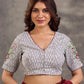 Off White Check Print Ikat Cotton Blouse with Embroidered Floral Sleeves