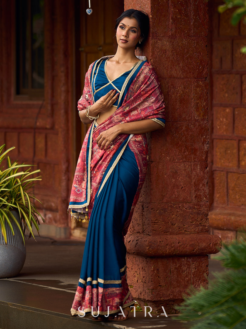 Elegant Navy Blue & Rust Half-and-Half Georgette Saree with Gotapatti Hand Embroidered Pallu