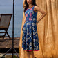 Navy Blue Indigo Cotton Dress With Pink Floral Embroidered Highlights