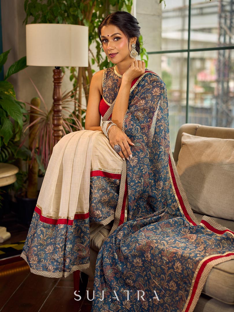 Flourishing Ivory Kalamkari Floral Chanderi Saree with Red Zari-Trimmed Hem & Chevron Border Accent