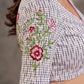 Off White Check Print Ikat Cotton Blouse with Embroidered Floral Sleeves