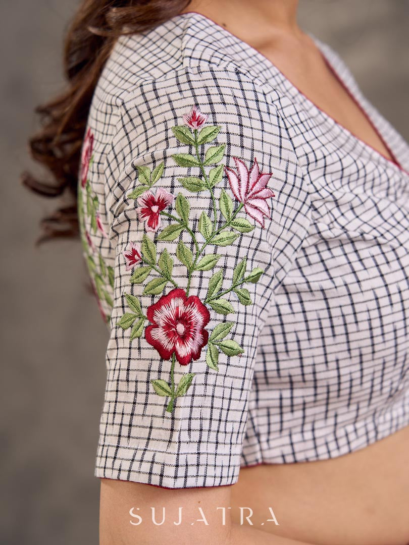 Off White Check Print Ikat Cotton Blouse with Embroidered Floral Sleeves