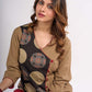 Beige Cotton Wrap Style Top with Black Printed Panel and Red Button Detail