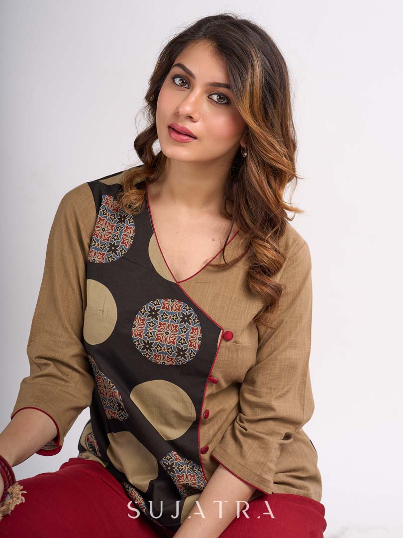 Beige Cotton Wrap Style Top with Black Printed Panel and Red Button Detail