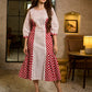 Retro White & Red Hand Block Printed Cotton Dress with Mixed Stripe & Dot Panels & Flounce Hem