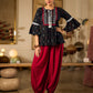 Contemporary Black Printed Cotton Top with Ikat Yoke and Flared Sleeves featuring Ikat Borders