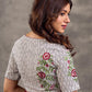 Off White Check Print Ikat Cotton Blouse with Embroidered Floral Sleeves
