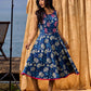 Navy Blue Indigo Cotton Dress With Pink Floral Embroidered Highlights