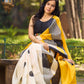 Modern Geometric Pure Silk Block Printed Saree Crafted in Striking Mustard and Classic Ivory Tones