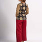 Beige Cotton Wrap Style Top with Black Printed Panel and Red Button Detail