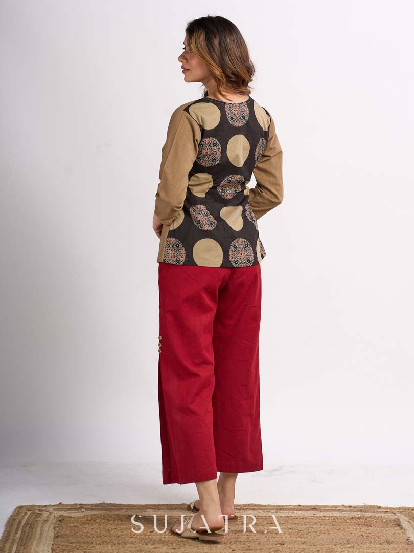 Beige Cotton Wrap Style Top with Black Printed Panel and Red Button Detail