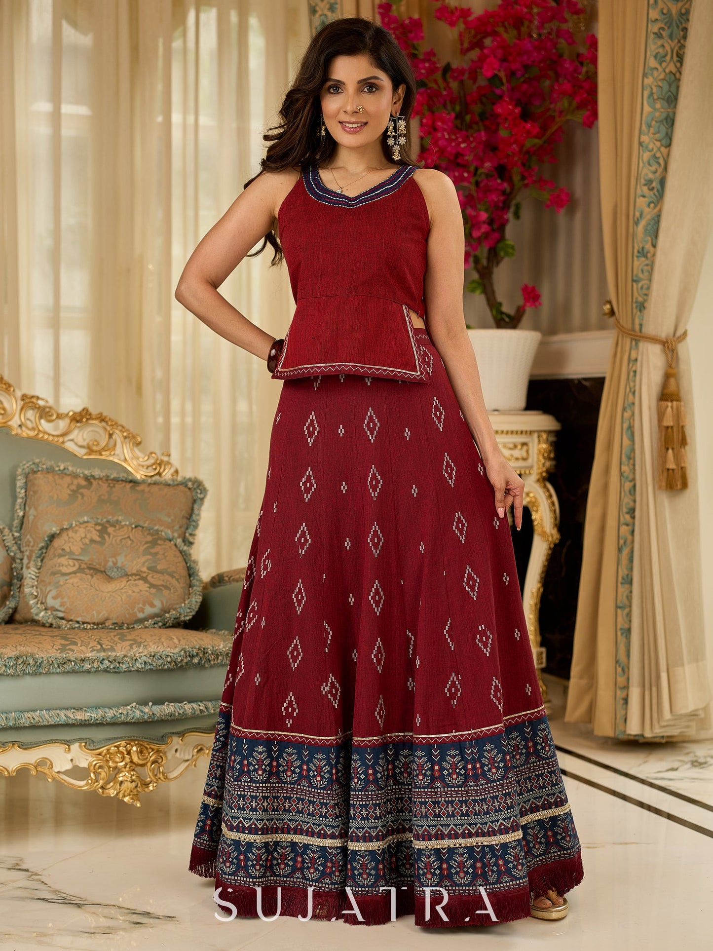 Maroon rich Jamdani Lehenga and Choli - Beautiful navy blue embroidered shrug Optional