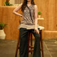 Grey Bloom Mul Cotton Sleeveless Wrap Top with Golden Accents and A-line Flare