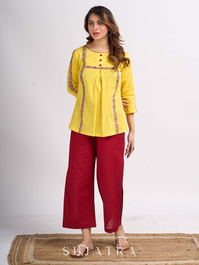 Sunshine Yellow Cotton Contemporary Top with Handcrafted Madhubani Border Highlights