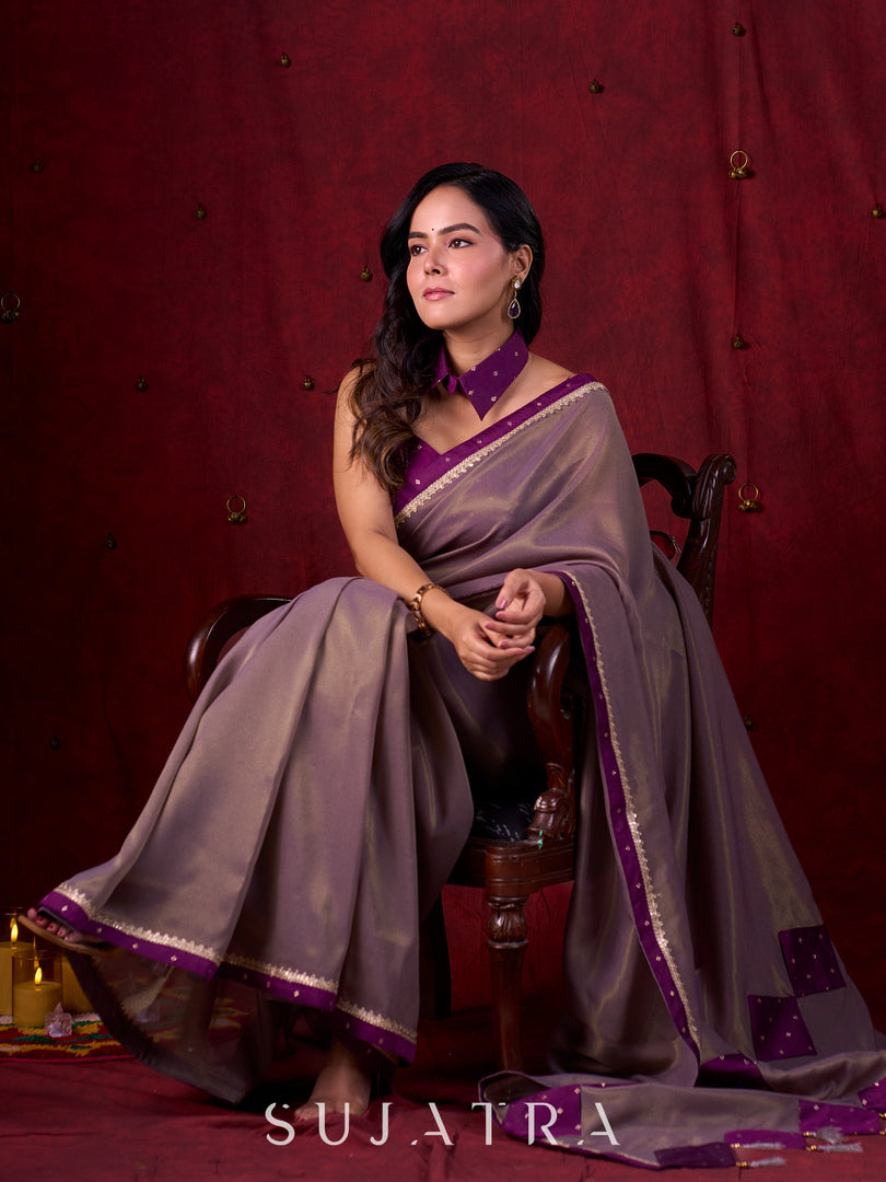 Lustrous Grey Silk Blend Saree with Chanderi Purple Border & Bold Statement Pallu