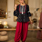 Contemporary Black Printed Cotton Top with Ikat Yoke and Flared Sleeves featuring Ikat Borders