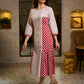 Retro White & Red Hand Block Printed Cotton Dress with Mixed Stripe & Dot Panels & Flounce Hem
